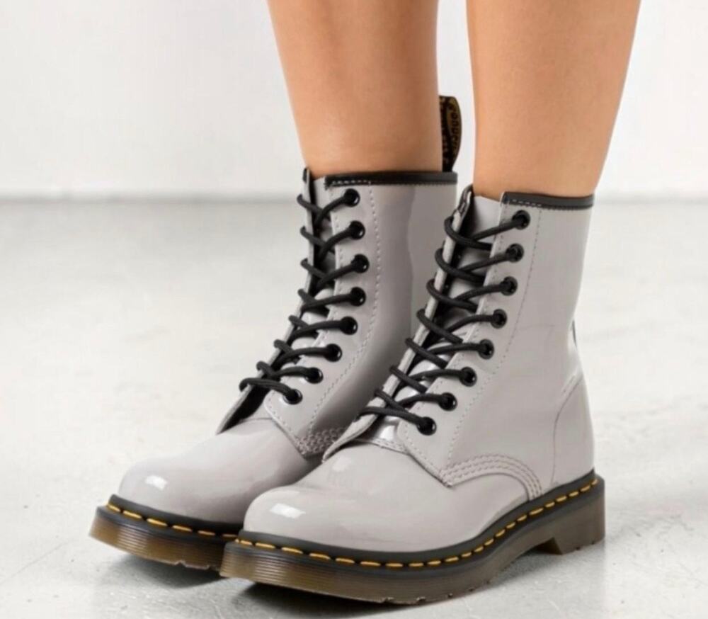 New Dr. Martens 1460 Zinc Grey Patent Leather Combat Boots Womens 6